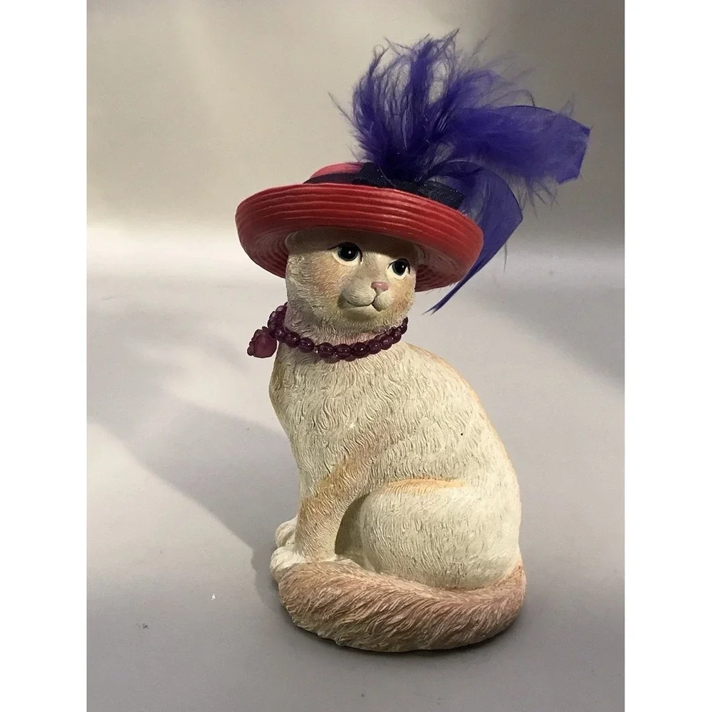 Pretty White Resin Kitty With A Red Hat‎ With Purple Feather